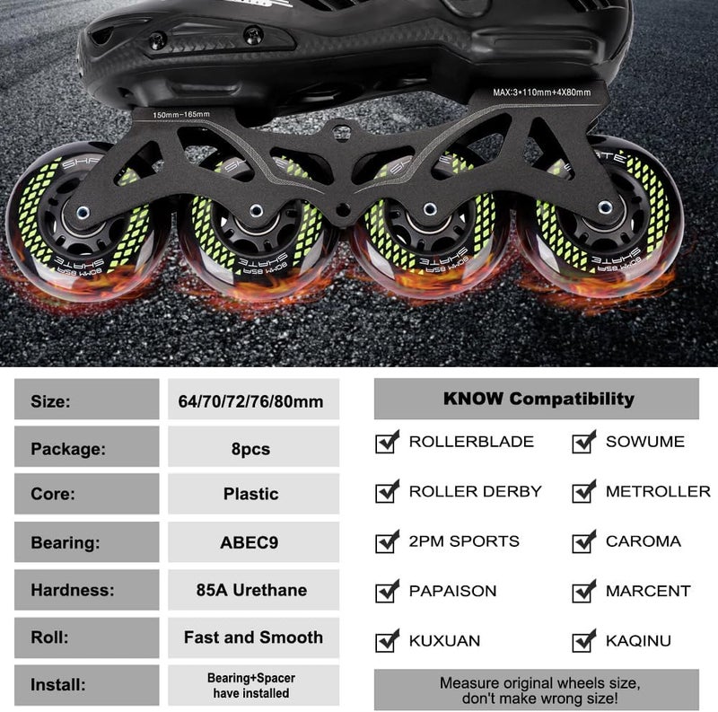 Kutrick 8 Pack Inline Skate Wheels 64mm, 70mm, 72mm, 76mm, 80mm - ABEC9 Bearing - 85A Durometer PU - Compatible with Rollerblade, Roller Derby, K2 Skate - Image 2